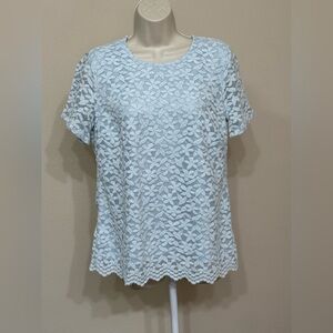 Teddi Rose Womens Light Blue Floral Lace Overlay Short Sleeve Soft Slim Blouse M